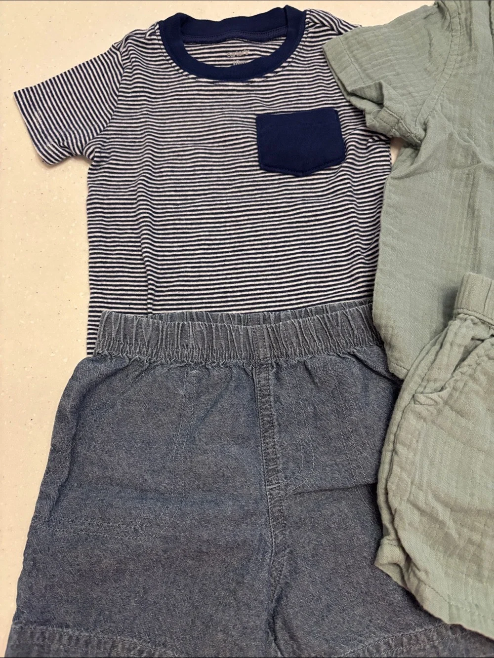 3 sets-Green Button-Up Shirt & Shorts Set, Mickey Set and Blue Stripe/Jean